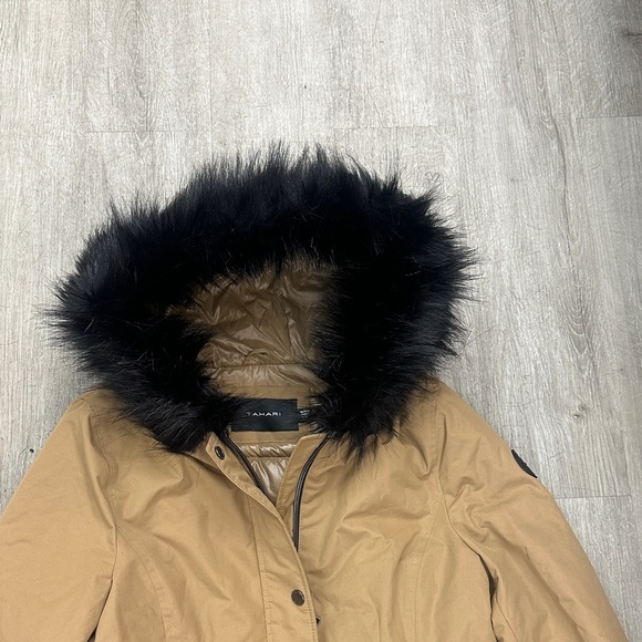 Tahari Women's Camel Puffer Coat with Black Faux Fur Hood - Picture 4 of 7